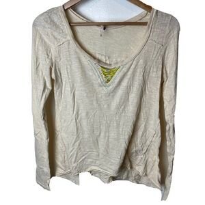 FREE PEOPLE Cream Beige Beaded Neckline Long Sleeve Tee Shirt Top Size Small